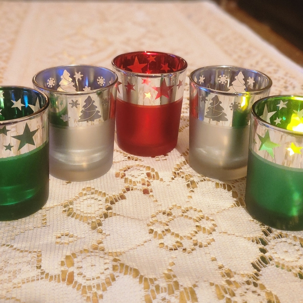 Votive Candle Holders Set 5 Frosted & Mercury Glass Stars Tree Red Green Silver